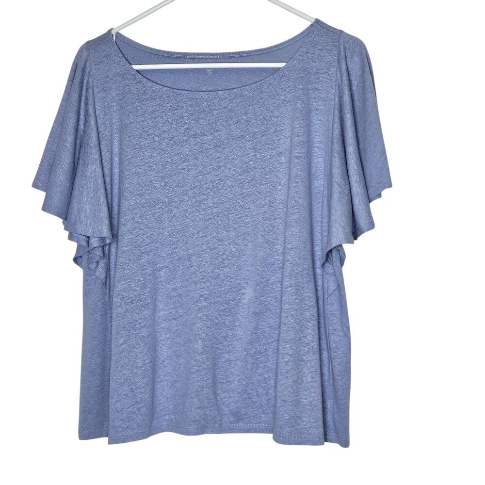 Garnet Hill Womens Linen & Modal Blend Flutter Sleeve Top S Blue Boxy Oversized